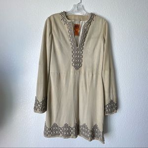 Tory Burch Stud Embellished Cream Suede Tunic Style Mini Dress Size 6